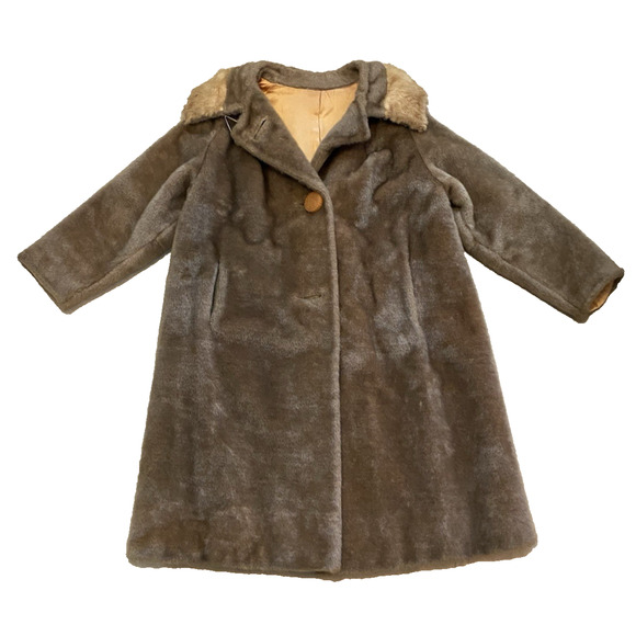 Vtg Tudor City 1960s Coat Womens Medium Tan Mink Collar Malden Otter Faux Fur - Picture 1 of 16